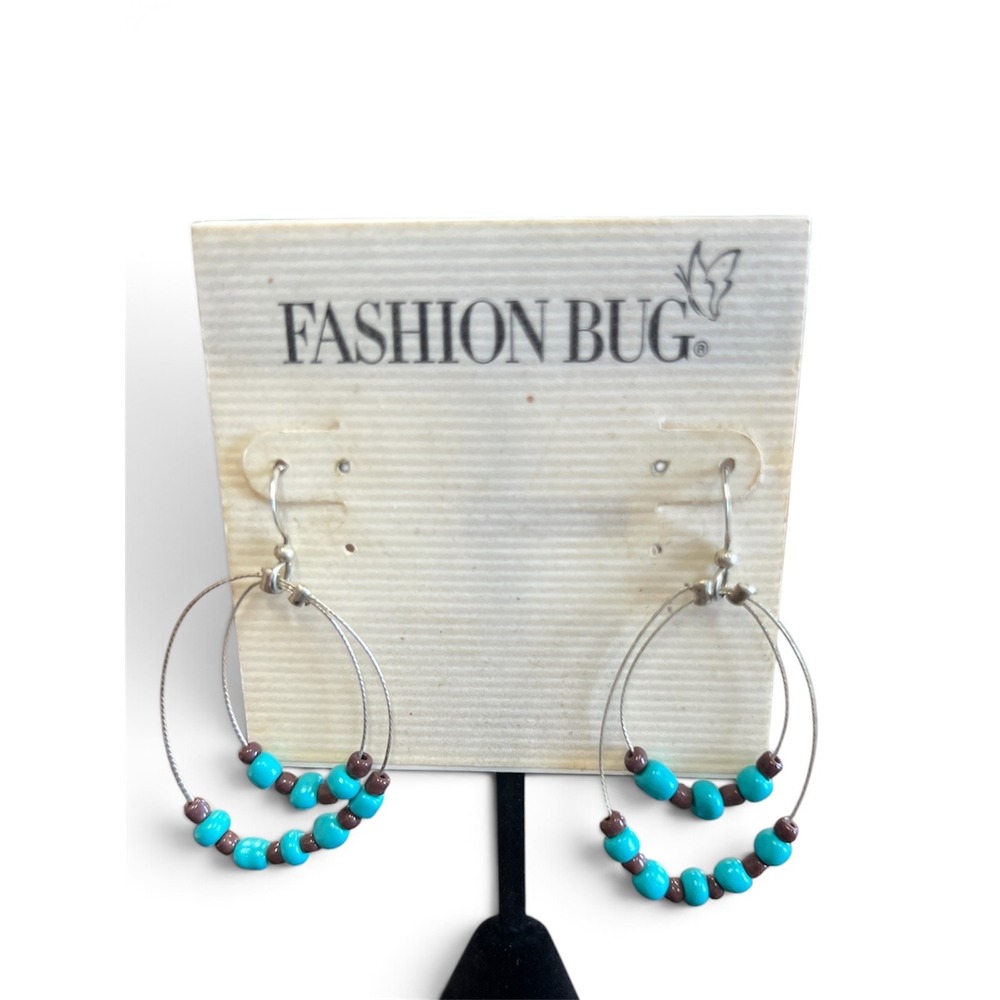 Vintage Fashion Bug Turquoise Brown Beaded Double Hoop Earrings Silver Tone Boho